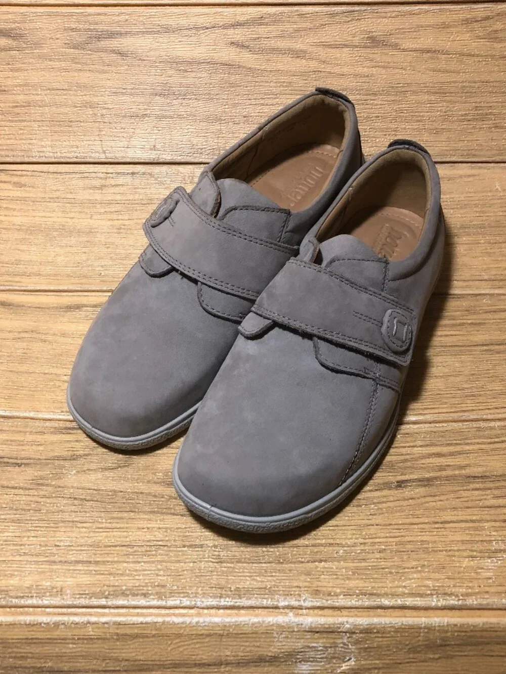 Hotter women gray nubuck loafers, one hook and loop side closure, 10